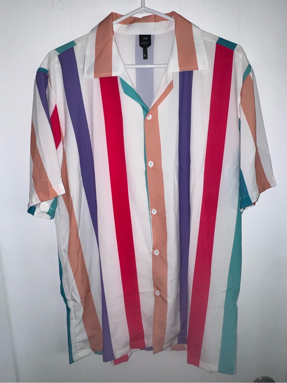 Striped Short-Sleeve Button-Down Shirt in White with Multicolor Stripes